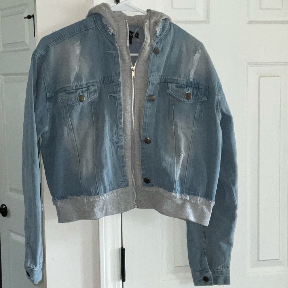 Light Blue Denim Jacket with Gray Hoodie Insert